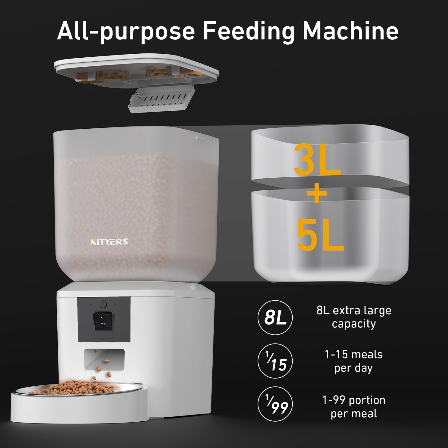 Automatic Dog Feeder with Camera Rotation - 8L/34 Cups Auto Cat Feeder, 1080P Video with Night Vision, 5G WiFi Pet Feeder with App, Voice Record, 2-Way Talk, Cat Food Dispenser with Blockage Reminder