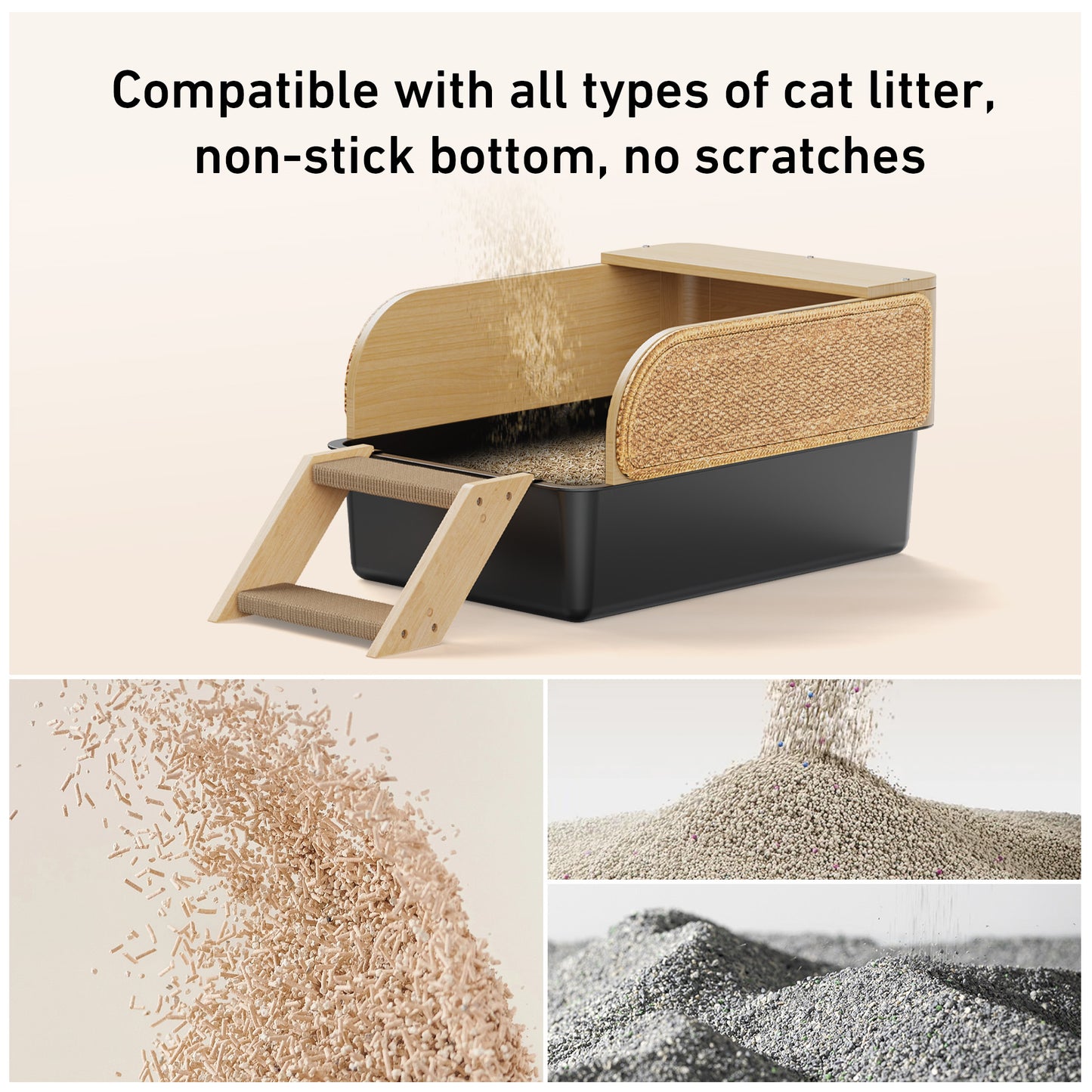 Stainless Steel Cat Litter Box - Nityers Extra Large 5-in-1 Metal Cat Litter Box with Enclosed Lid Cover for Cat, Kitten, Rabbit - High Wooden Side, Scratcher and Scoop | Anti-Urine Leakage, Anti-Odor