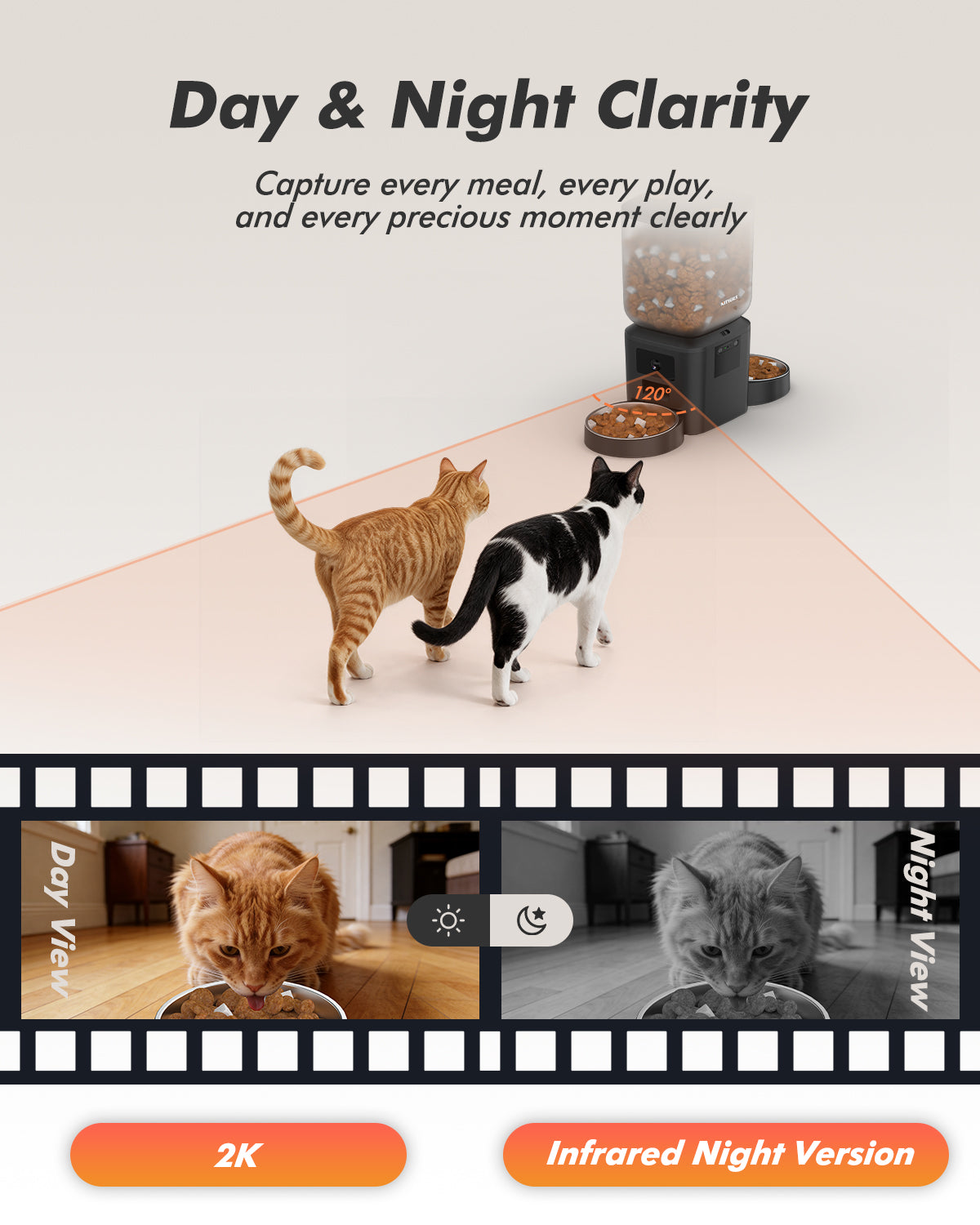 Automatic Cat Feeder for 2 Cats with 2K Cameras - 8L/ 34 Cups Dual Dog Food Dispenser for 2-18mm Dry Food, 2.4G&5G WiFi, Night Vision, 2-Way Talk, Up to 99 Portions 15 Meals Per Day, 10s Voice