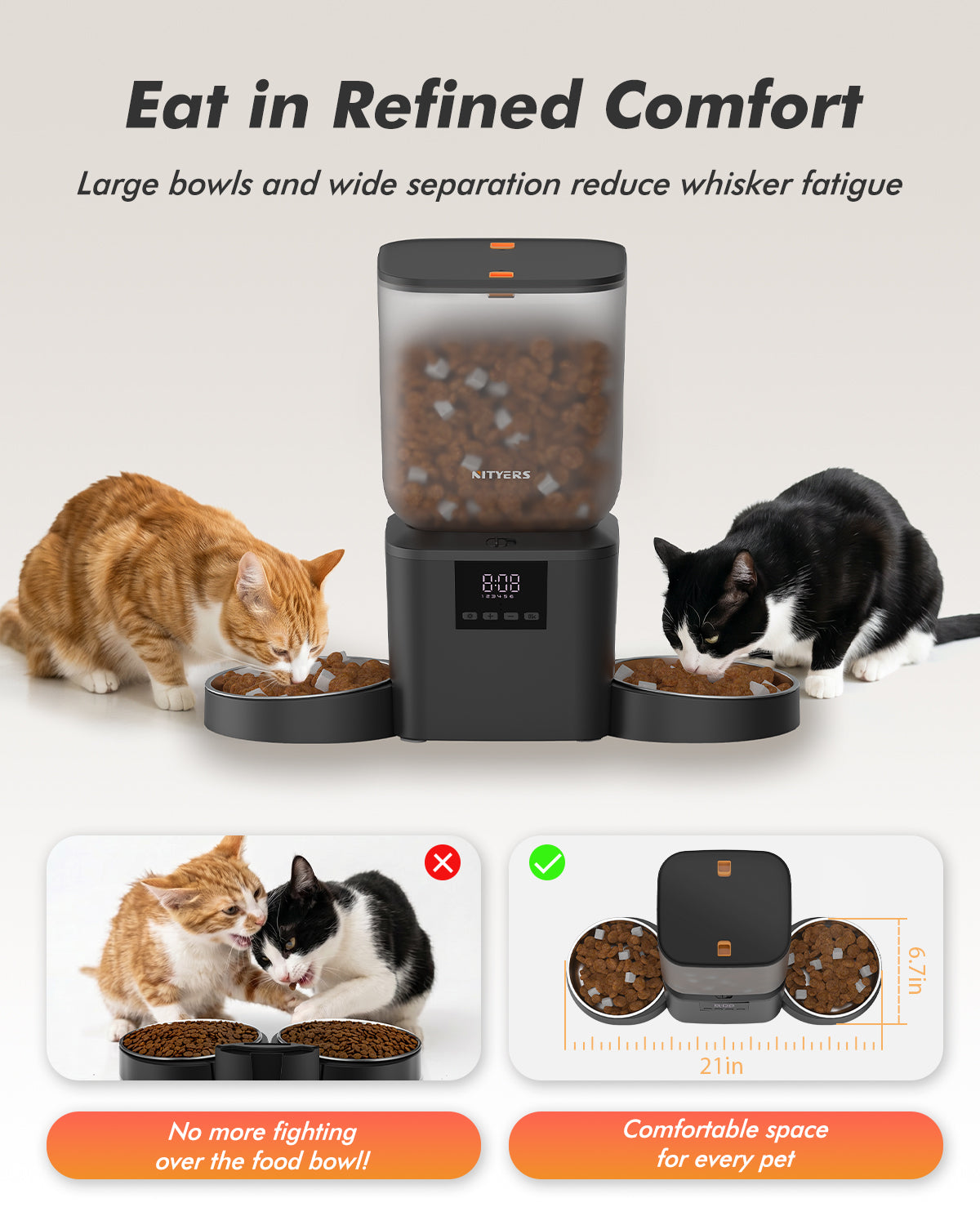 Automatic Cat Feeder for 2 Cats - 8L/34 Cups Dual Automatic Dog Feeder with Dog Food Dispenser for 2-18mm Dry Food, Timed Cat Food Dispenser, Up to 50 Portions 6 Meals Per Day, 10s Voice, Keep Fresh