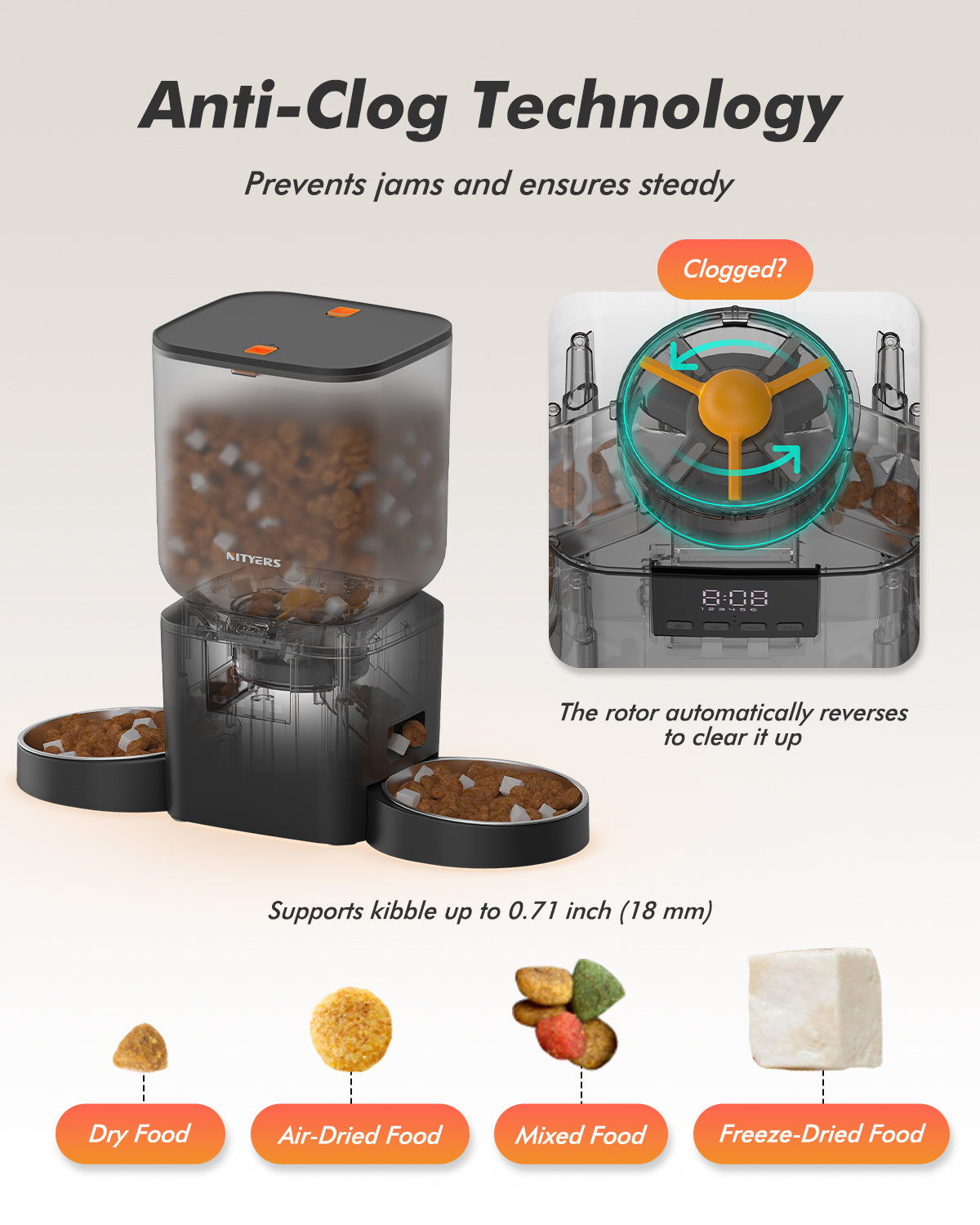 Automatic Cat Feeder for 2 Cats - 8L/34 Cups Dual Automatic Dog Feeder with Dog Food Dispenser for 2-18mm Dry Food, Timed Cat Food Dispenser, Up to 50 Portions 6 Meals Per Day, 10s Voice, Keep Fresh