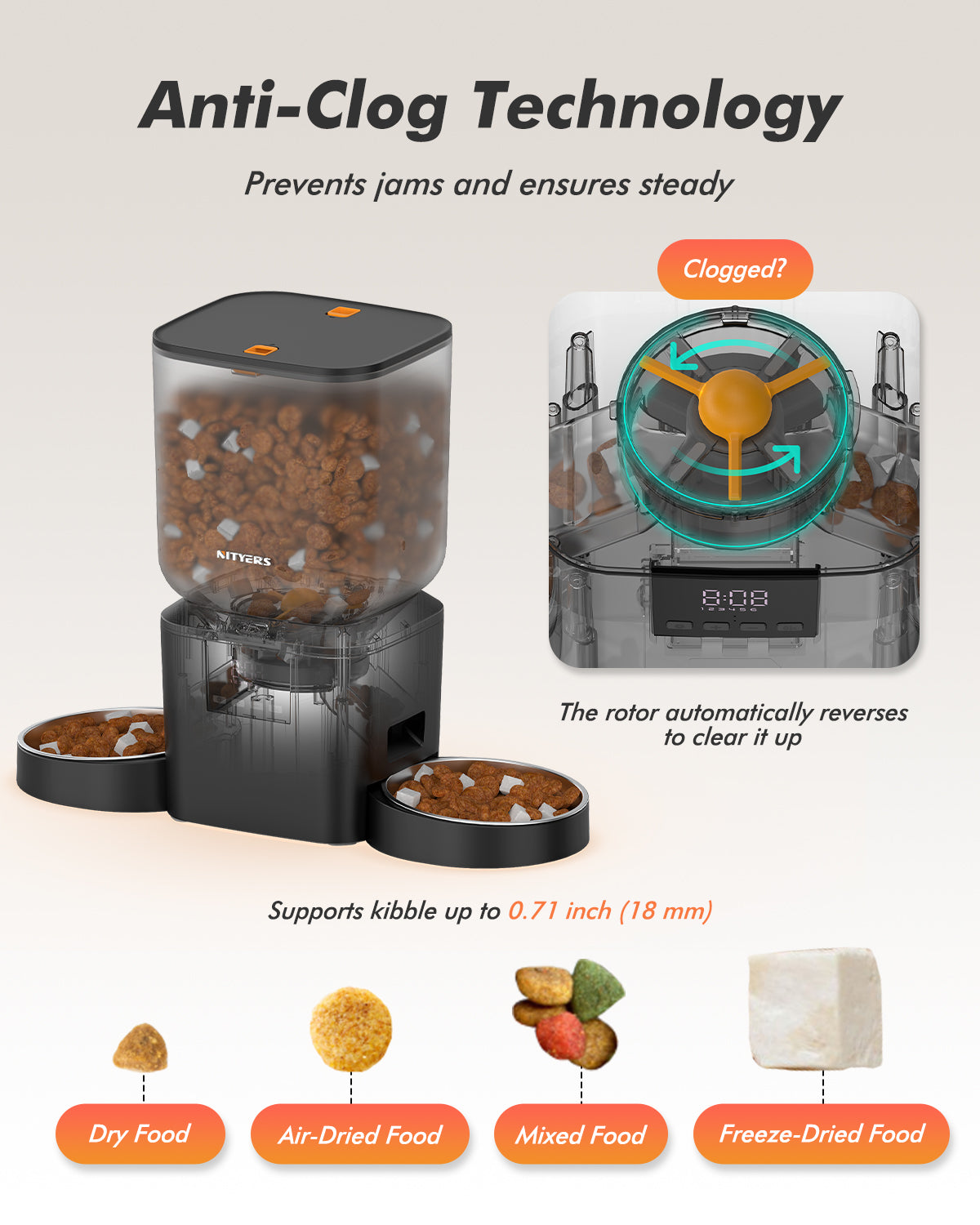 Automatic Cat Feeder for 2 Cats - 8L/34 Cups Dual Automatic Dog Feeder with Dog Food Dispenser for 2-18mm Dry Food, Timed Cat Food Dispenser, Up to 50 Portions 6 Meals Per Day, 10s Voice, Keep Fresh