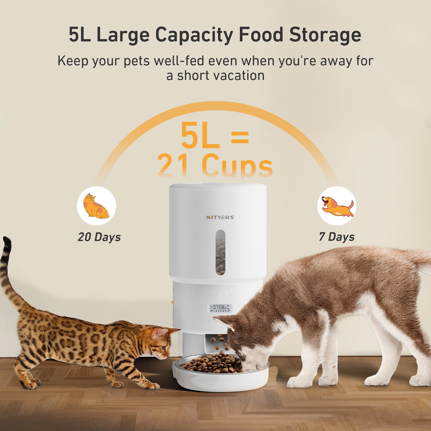 Automatic Cat Feeder - 5L Timed Cat Food Dispenser, Keep Dry Food Fresh, Stainless Steel Food Bowl, 1-6 Meals per Day, 1-16 Portions, 10s Voice, Auto Pet Feeder for Cats and Small Dogs
