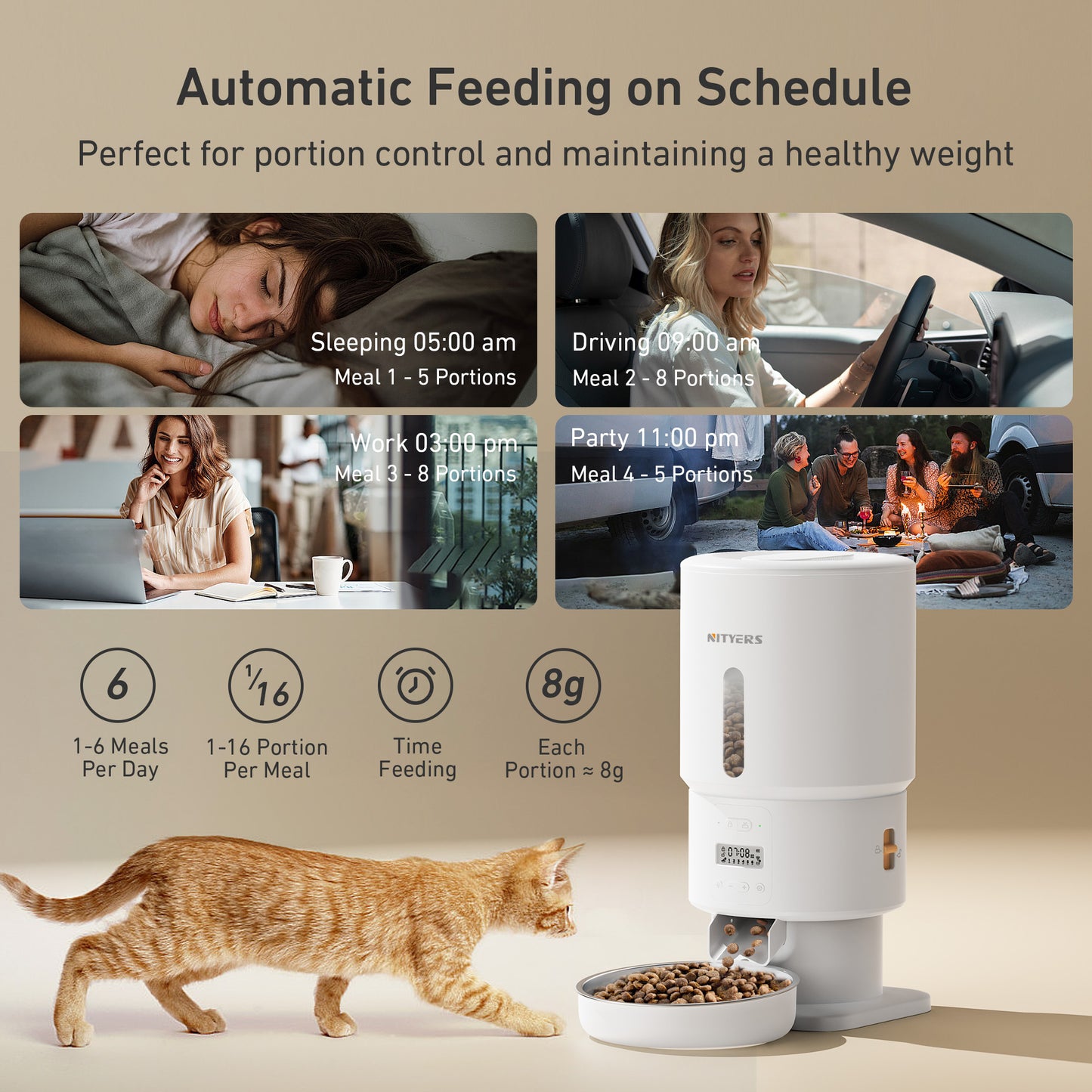 Automatic Cat Feeder - 5L Timed Cat Food Dispenser, Keep Dry Food Fresh, Stainless Steel Food Bowl, 1-6 Meals per Day, 1-16 Portions, 10s Voice, Auto Pet Feeder for Cats and Small Dogs