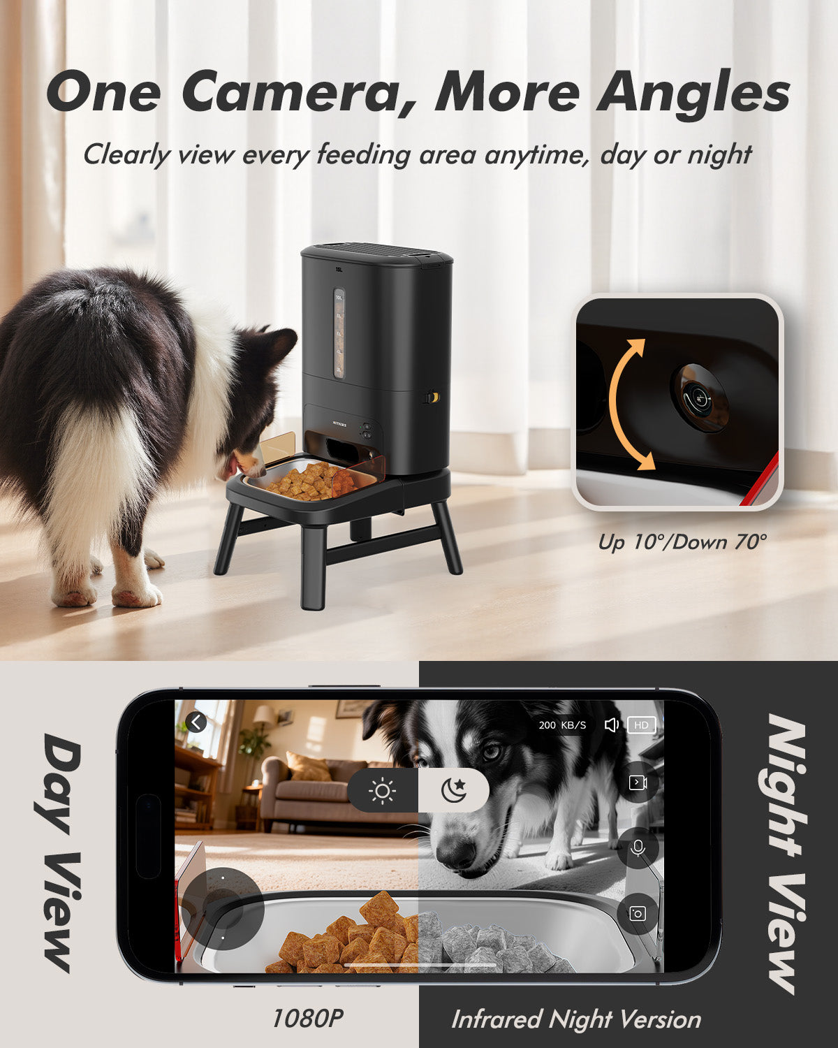 Automatic Dog Feeder for Large Breed with Camera - 15L/ 64 Cups Anti-Clog 5G WiFi Dog Food Dispenser for 2-23mm Kibble, Elevated Stand, Large Food Tray, 1080P HD Video with Night Vision, Keeps Fresh