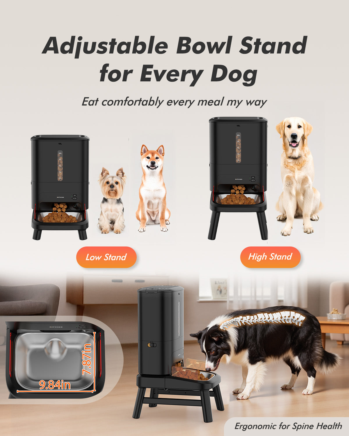 Automatic Dog Feeder for Large Breed with Camera - 15L/ 64 Cups Anti-Clog 5G WiFi Dog Food Dispenser for 2-23mm Kibble, Elevated Stand, Large Food Tray, 1080P HD Video with Night Vision, Keeps Fresh