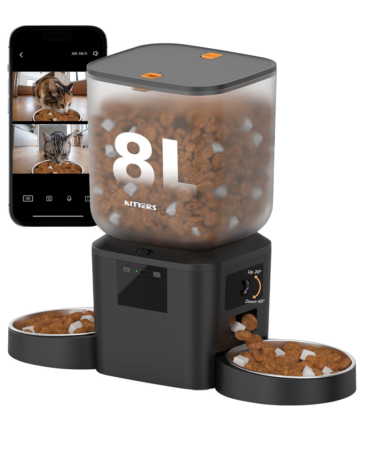 Automatic Cat Feeder for 2 Cats with 2K Cameras - 8L/ 34 Cups Dual Dog Food Dispenser for 2-18mm Dry Food, 2.4G&5G WiFi, Night Vision, 2-Way Talk, Up to 99 Portions 15 Meals Per Day, 10s Voice