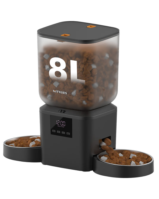 Automatic Cat Feeder for 2 Cats - 8L/34 Cups Dual Automatic Dog Feeder with Dog Food Dispenser for 2-18mm Dry Food, Timed Cat Food Dispenser, Up to 50 Portions 6 Meals Per Day, 10s Voice, Keep Fresh