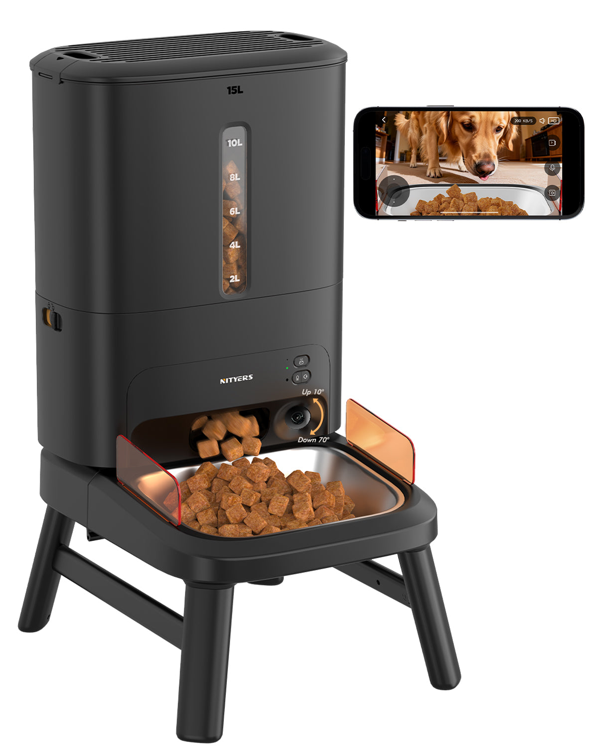 Automatic Dog Feeder for Large Breed with Camera - 15L/ 64 Cups Anti-Clog 5G WiFi Dog Food Dispenser for 2-23mm Kibble, Elevated Stand, Large Food Tray, 1080P HD Video with Night Vision, Keeps Fresh