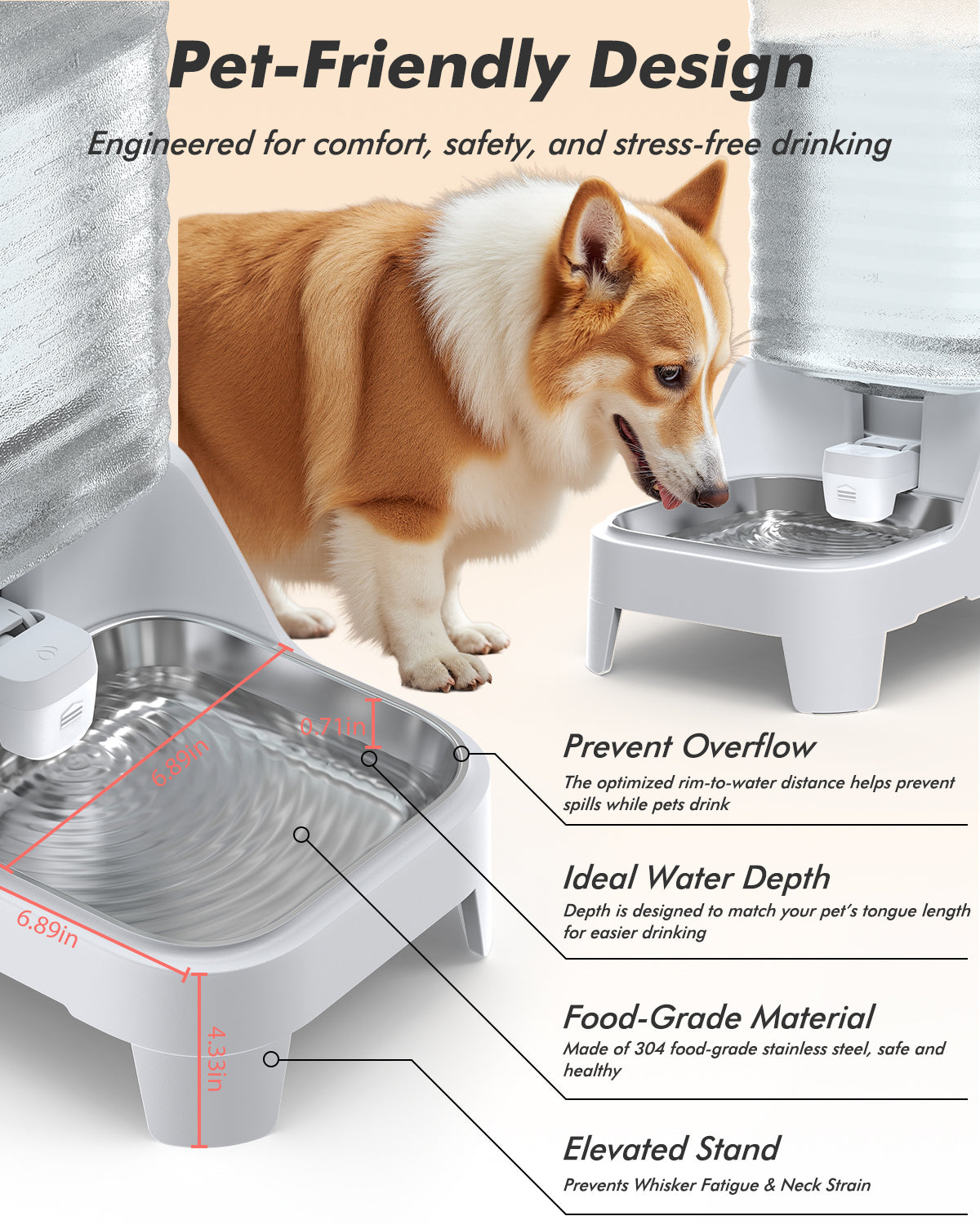 Automatic Dog Water Bowl Dispenser, 8L Gravity Cat Water Dispenser with Elevated Stainless Steel Bowl, Patented Design, BPA-Free, Easy to Clean Pet Waterer with Filter for Small & Medium Dogs and Cats