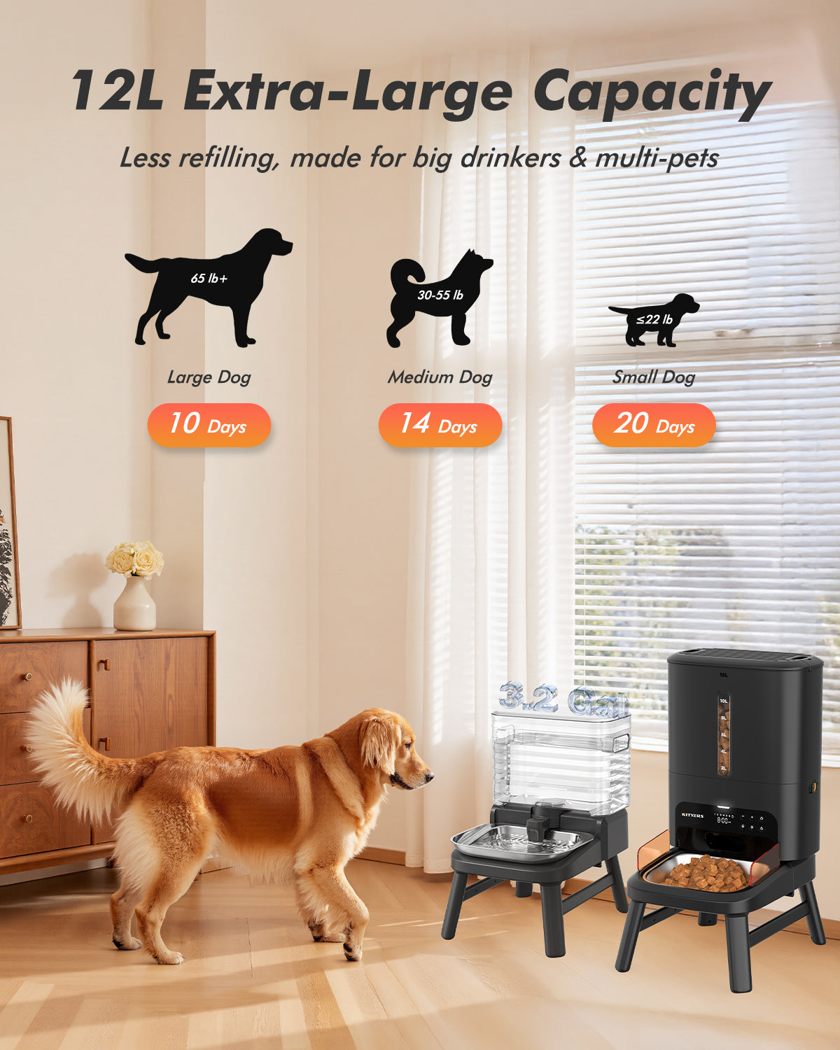 Dog Water Bowl Dispenser for Large Breed with Patent Faucet, 12L/3.2 Gallon, Elevated Stainless Steel Bowl for Comfortable Drinking, Automatic Gravity Refilling, Wide Opening, Easy Clean, Anti-Splash