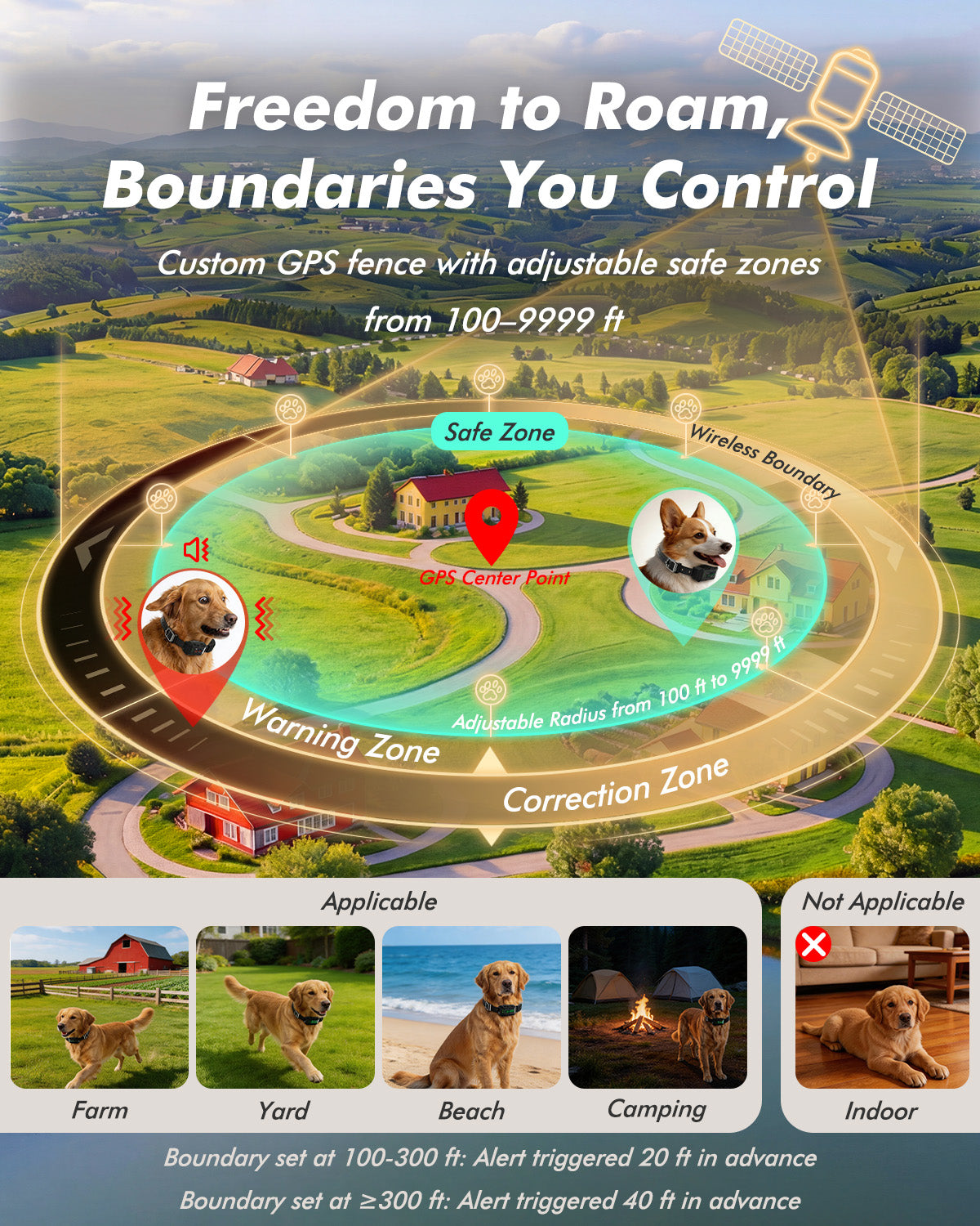 Wireless Dog Fence & GPS Dog Collar - Invisible Fence with Extenal Antenna, Shock Collar for Boundary Training, Stable Signal, Adjustable Range up to 9999ft, IPX7 Waterproof & Rechargeable, Keep Safe